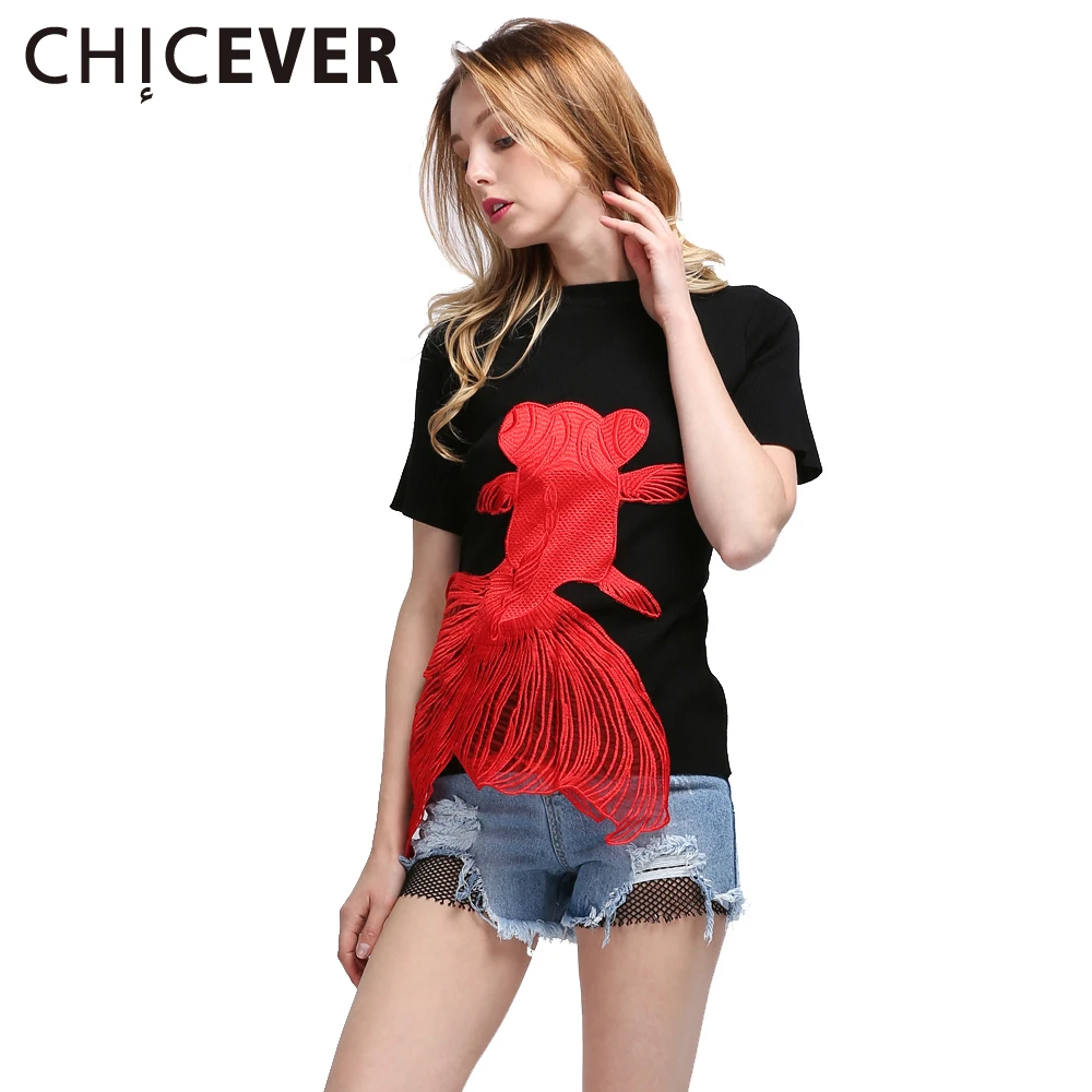 

CHICEVER 2020 Summer Top Female T Shirts For Women Embroidery Red Goldfish Short Sleeve O Neck Women's T Shirt Clothes Fashion