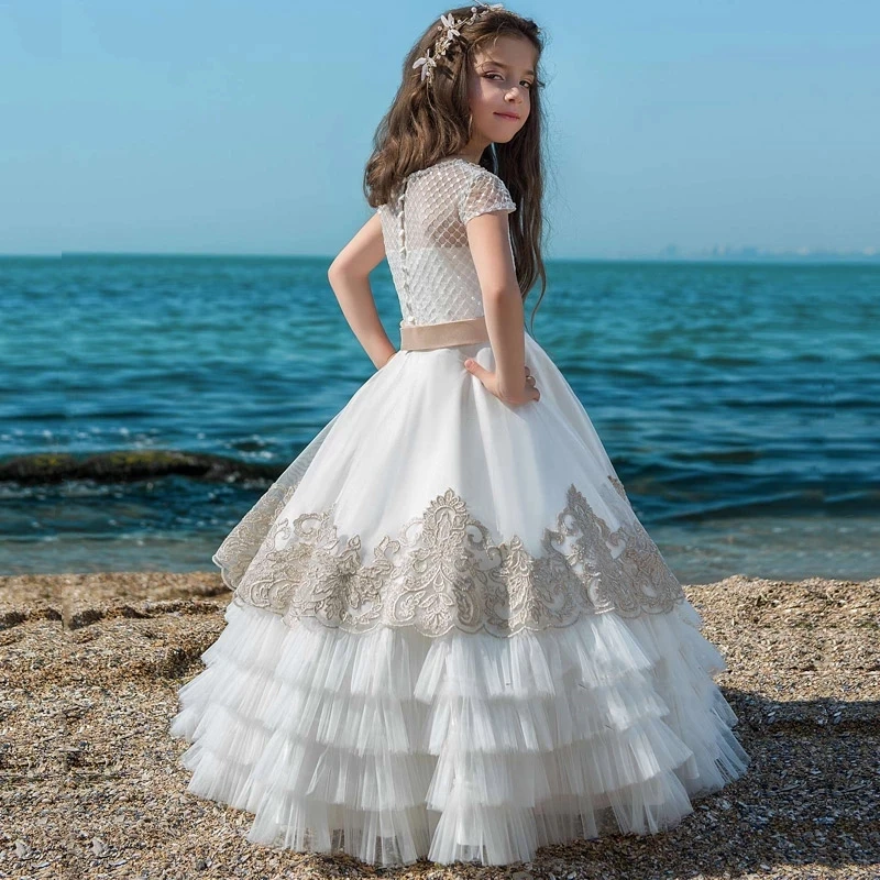 

New Flower Girl Dress Lace Appliques Cap Sleeve Ball Gowns with Beading Sash Wedding Flower Girls First Communion Dresses