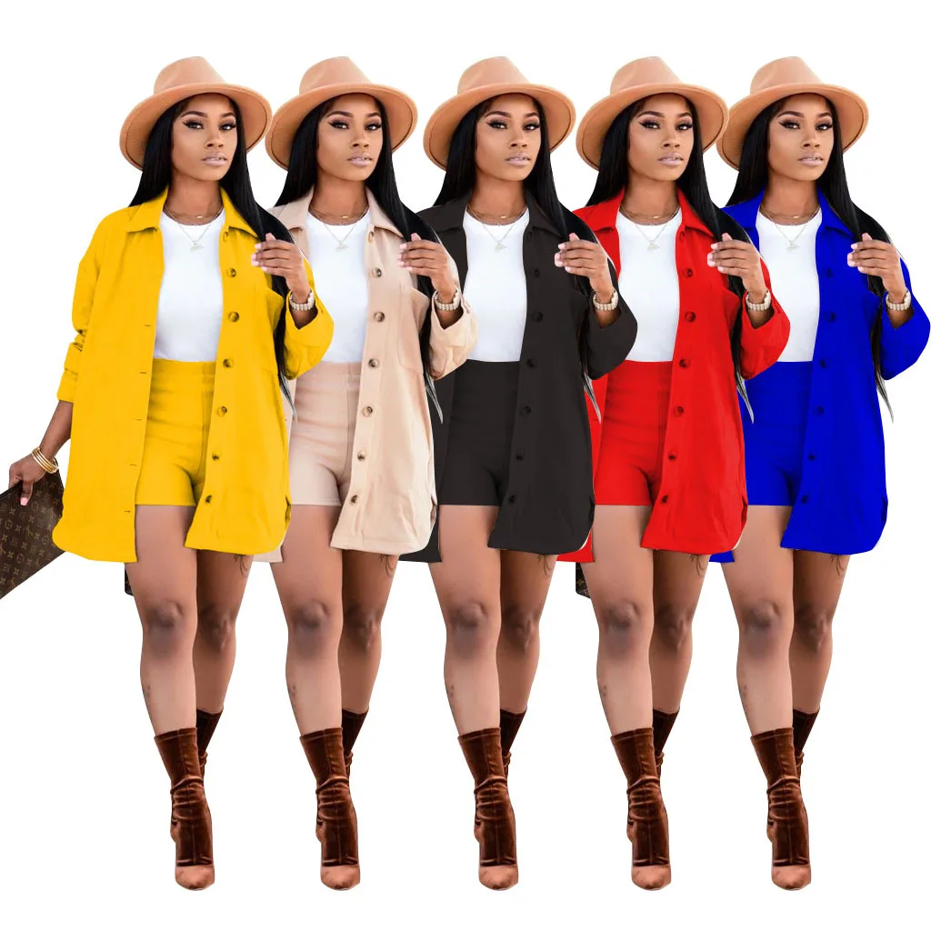 

2021 Spring and Autumn New Fashion Sales Pure Color Leisure Long-sleeved Short Pants Lapel Two-piece SetTwisted Rome