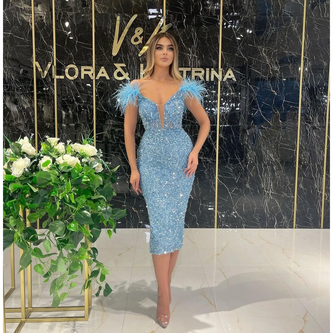 

Glitter Luxury Elegant Prom Dresses Off The Shoulder Feathers Sequins Sparkly Tea Length Women Evening Party Gowns Custom Made