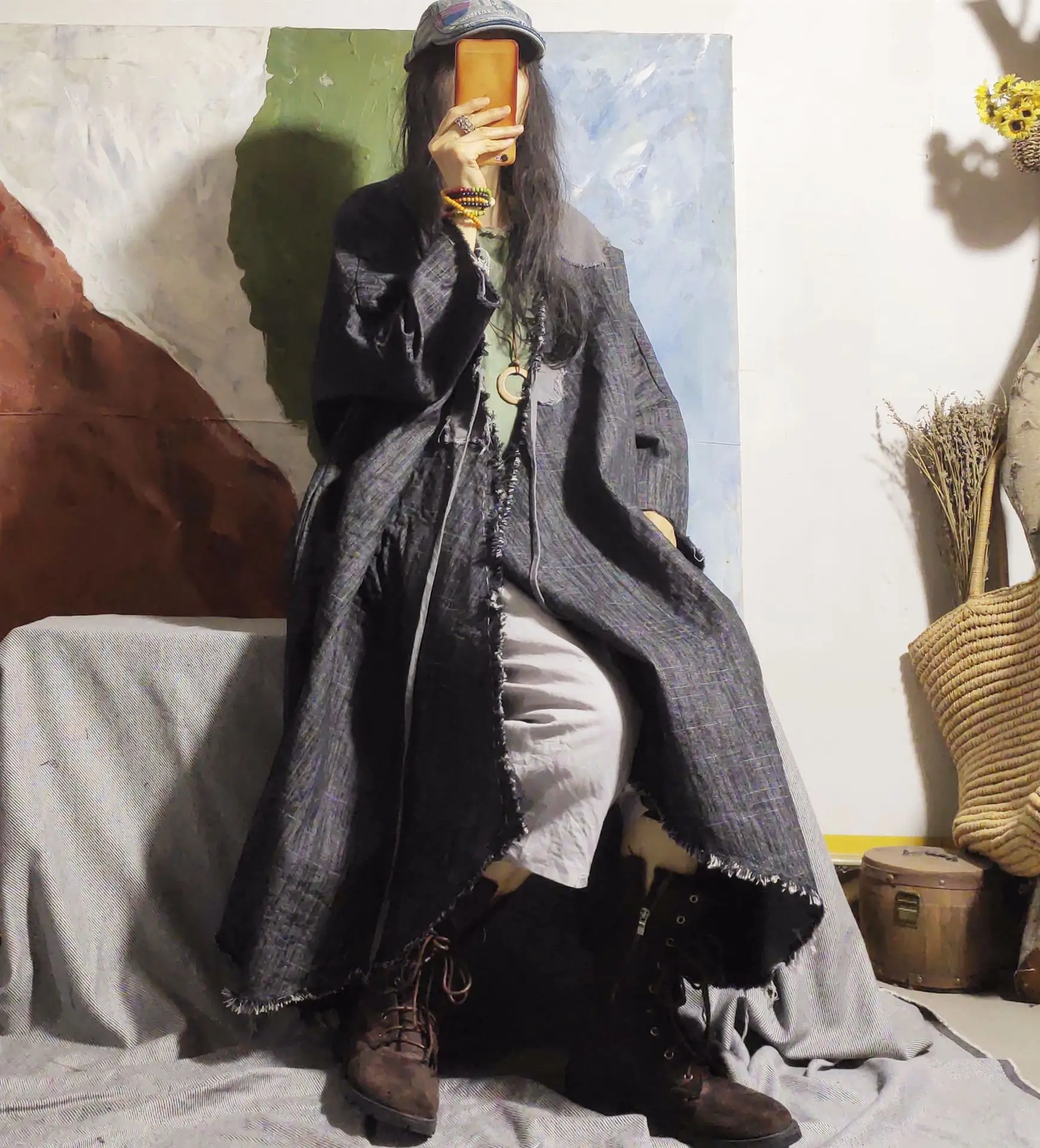 Женский рваный джинсовый тренчкот длинное пальто в стиле ретро с вышивкой