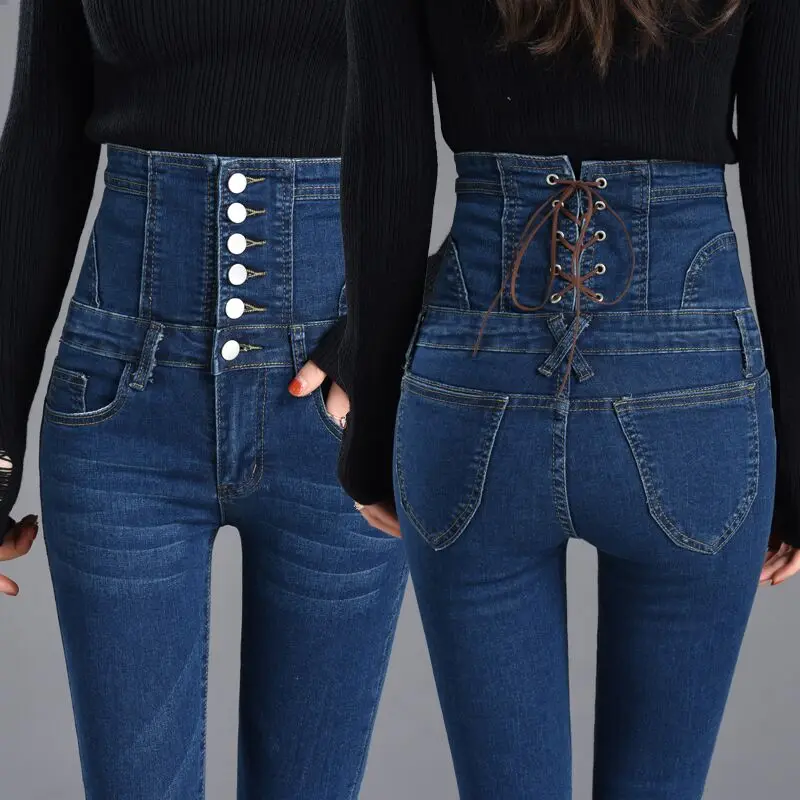 

FAKUNTN New High Waist bow tie abdomen Bottom Jeans Women Buttons Skinny Jeans Femme Trousers Slim Streetwear Pencil Denim Pants