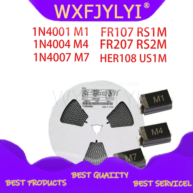100 шт. SMA выпрямительный диод 1N4001 M1 1N4004 M4 1N4007 M7 FR107 RS1M FR207 RS2M HER108 US1M SF18 ES1J SF14 ES1D DO-214AC |