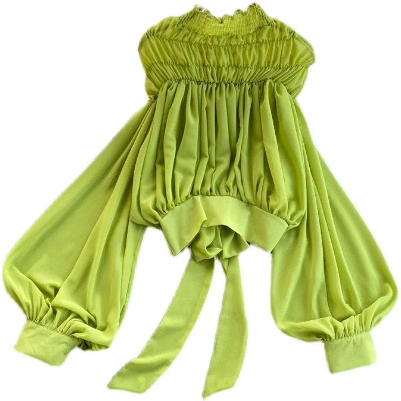 

Fashion Chiffon Blouse Women 2021 New Spring and Summer Tops Pleated Elastic Stand Collar Lantern Sleeve Shor Shirt Crop Top