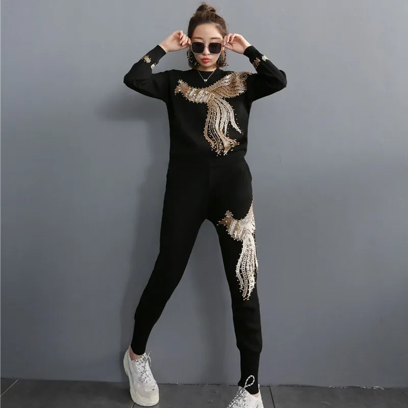 Европейский Феникс Вышивка блёстки женский вязанный набор 2 шт длинный рукав o