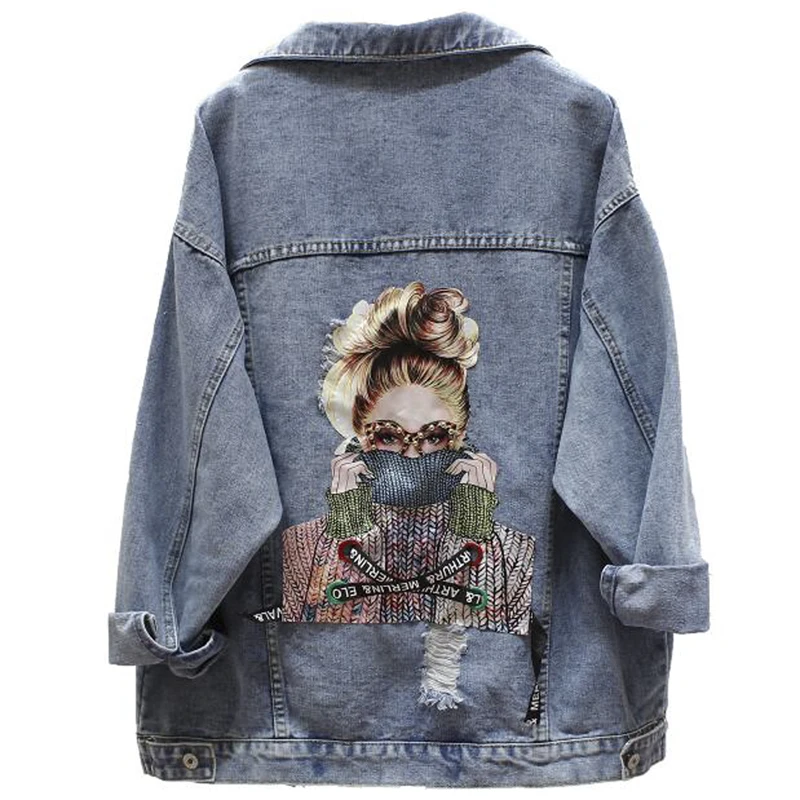 

Back Letter Printed Denim Jacket 2023 Autumn Ripped Holes Jean Coat Patchwork BF Style Jeans Coats And Jackets