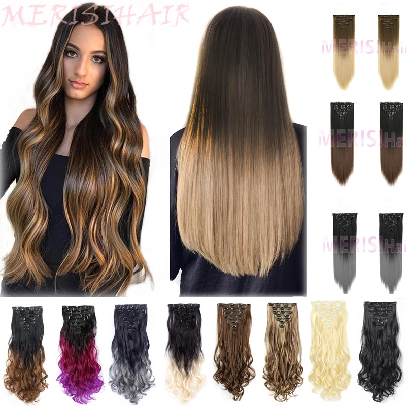 MERISIHAIR 6 шт./набор 22 дюйма шиньон 140 г прямые 16 клипс накладные стильные волосы
