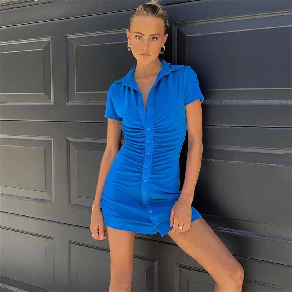 

SSEURAT Pleated Turn-Down Collar Button Blouse Dress Women Sexy Short Sleeve Mini Dresses Vestidos