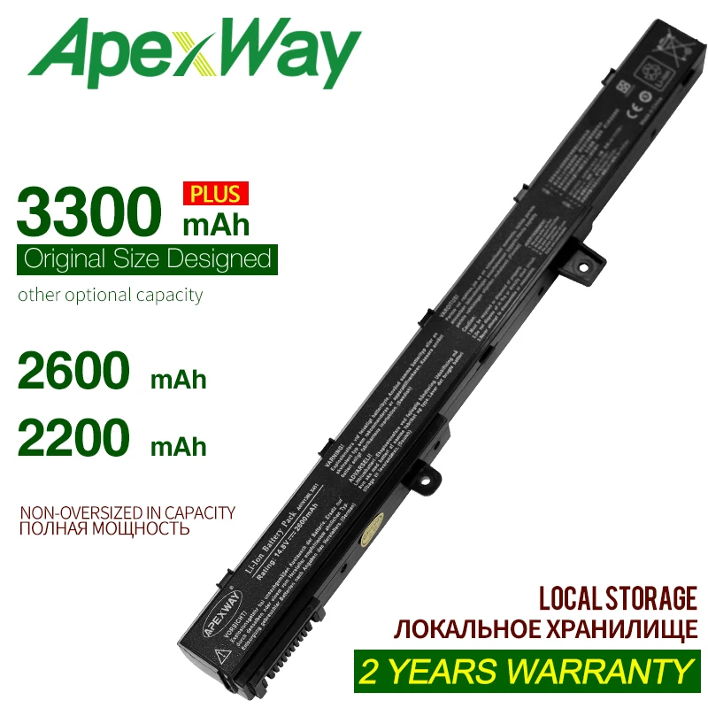 

Аккумулятор ApexWay A41N1308 A31N1319 0B110-00250100 X551M для ноутбуков Asus X451CA X551C X451 X551 X451C X551CA Series, 3300 мАч