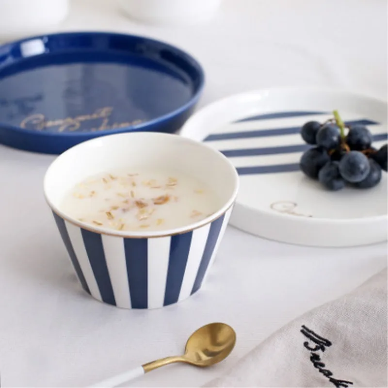JO LIFE керамическая салатная миска Позолоченные блюда Nodic темно-синие полосы
