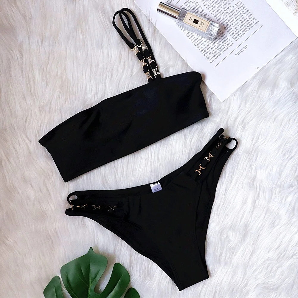 

2021 New Solid Color One Shoulder Women's Split Swimsuit 2 Piece Set Women's T-Back Swimsuit Sexy Bikini Swimming Suit Women