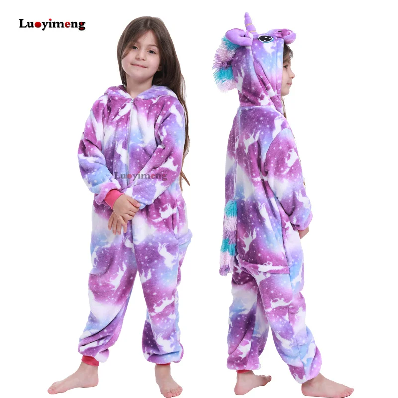 Kigurumi Onesie/Детские пижамы с единорогом, детское одеяло для животных, зимние пижамы для девочек, костюмы единорога - Цвет: purple pegasus