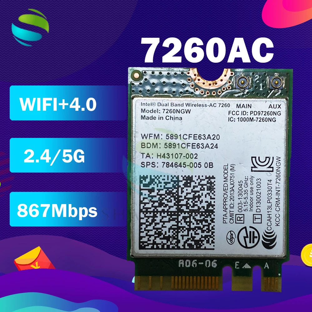 Wi-Fi-карта для Intel Dual Band Wireless-AC 7260NGW 7260NGWAC 7260AC NGFF 867 Мбит/с BT4.0 Wlan-карта HP 810 G2 ZBOOK 15 9480M -