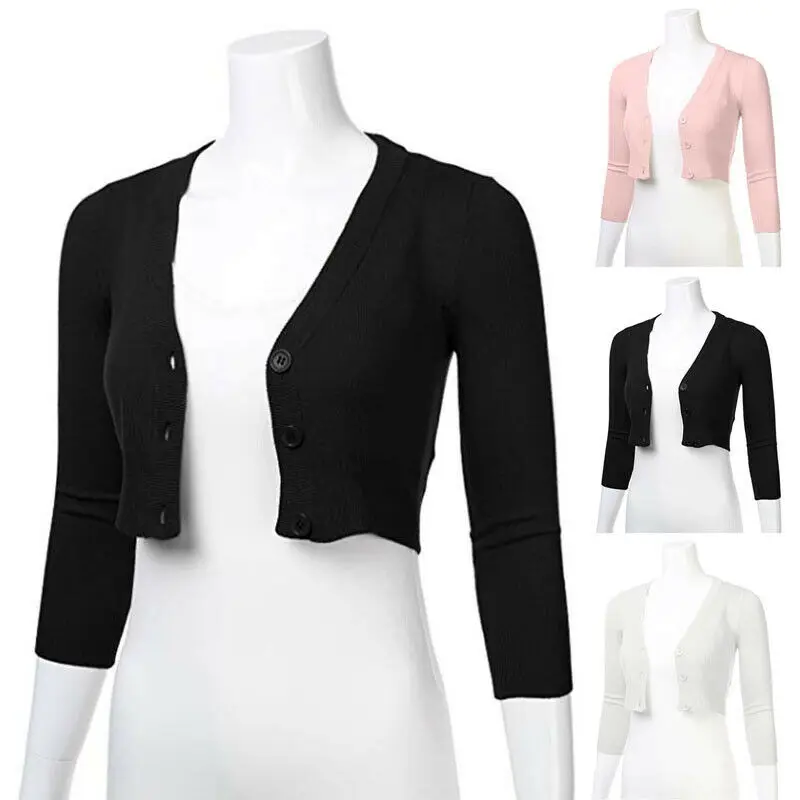 

AU Women's Long Sleeves Cardigan Short Jacket Cropped W/ Buttons Bolero