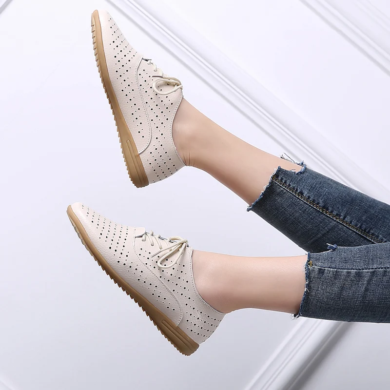 Leather white shoes hollow women's single shoes flat bottom women's shoes casual wear shopping shoes leather and cotton style 41