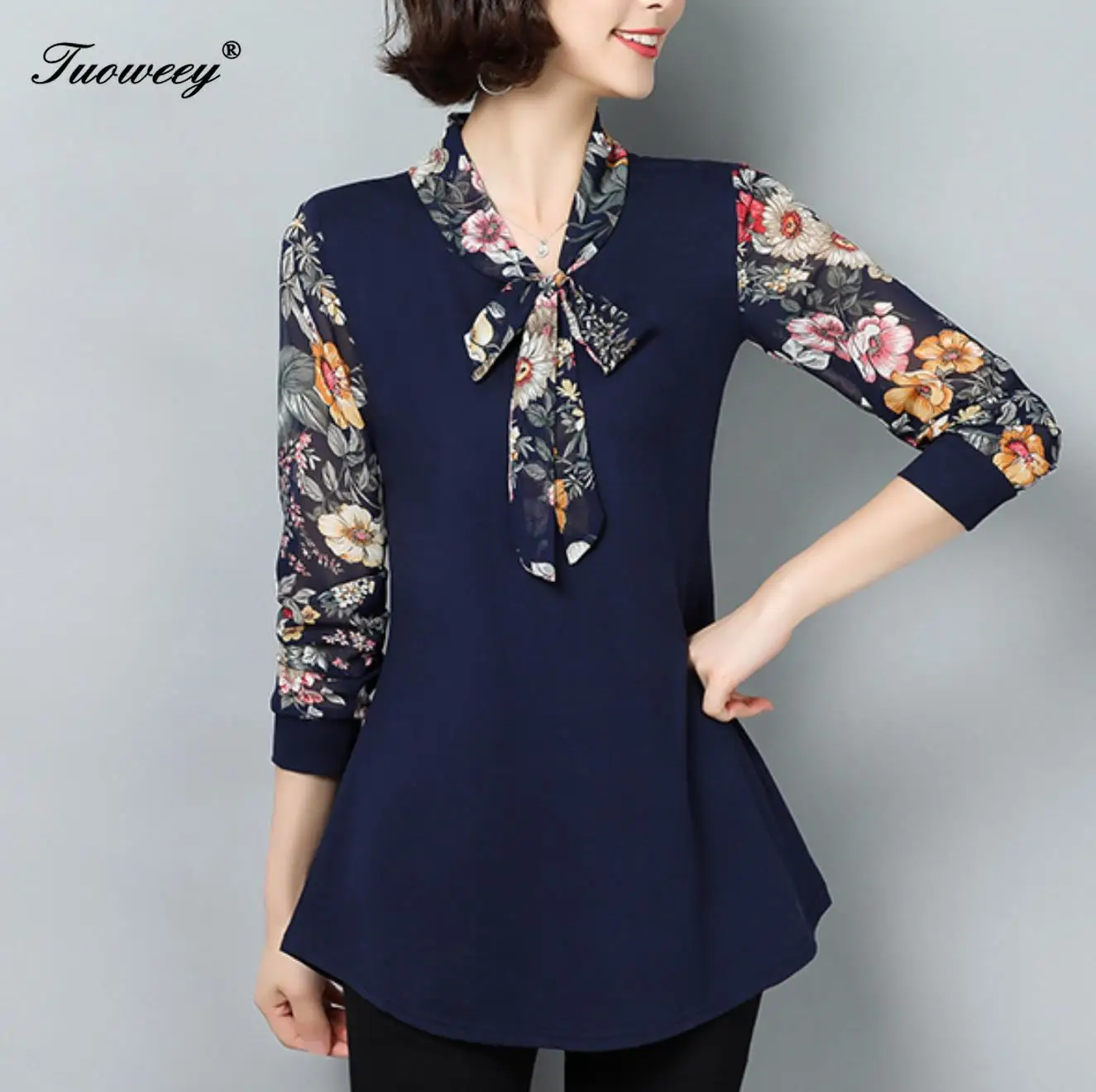 OL Style plus size Office Ladies floral Print Blouses Autumn Long Sleeve Chiffon Blouse Women  Bow Buttons Shirt Tops Blusas