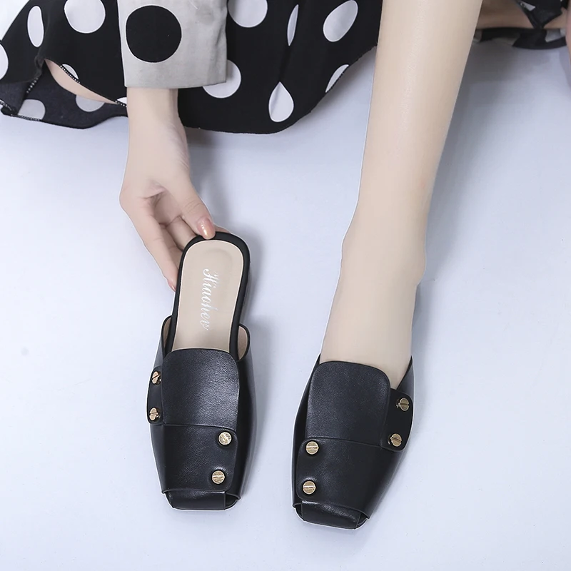 

Baotou Women's Slippers Casual Simple Splicing Vamp Metal Decoration Trend Wild Fashion Belt Heel Women's Slippers 2021