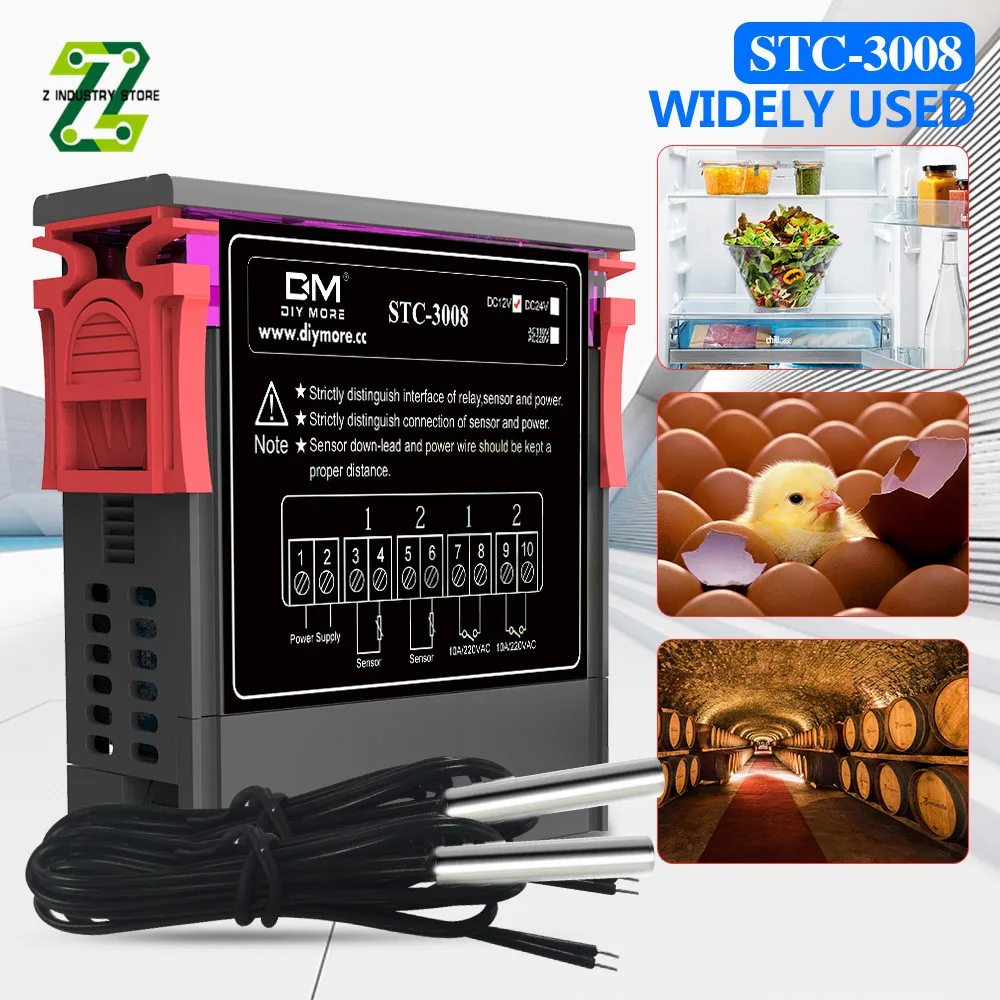 STC-3008 двойной цифровой регулятор температуры гигрометр C/F термостат с двумя