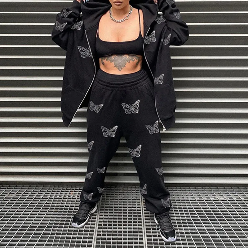 

Y2K Streetwear Hippie Sweatpants Butterfly Diamond Patches Harajuku Trousers Female Elastic High Waist Baggy Joggers