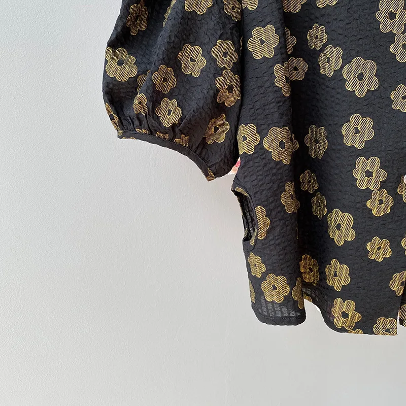 

2021 Summer Women Blouses Shirt Short Harajuku Print Puff Sleeve Top Female Chic French Short Sleeve Floral Turn Down Collar