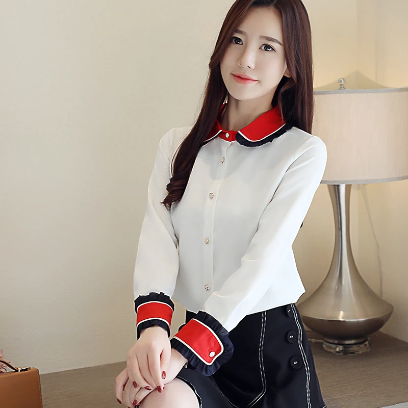 Женская шифоновая блузка с воротником Питер Пэн элегантная цветная длинным