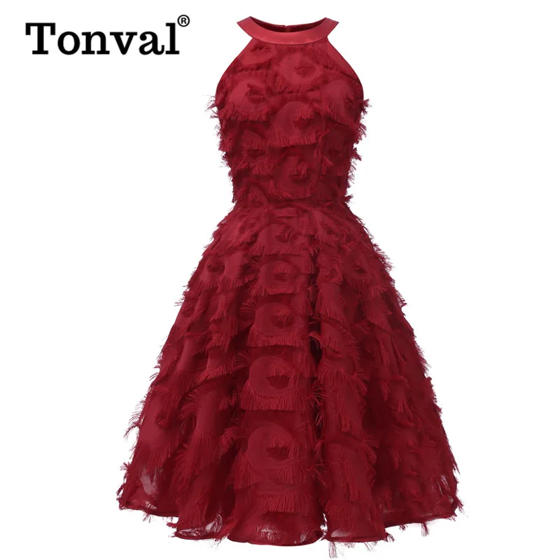 

Женское винтажное платье-миди Tonval, Бордовое платье с бахромой, ТРАПЕЦИЕВИДНОЕ вечернее платье без рукавов, Летние Элегантные Расклешенные ...