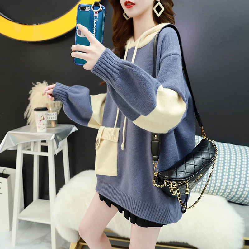 Women Knitted Sweater And Pullovers Korean Fashion Style Hooded Sweaters Autumn Winter 2019 New Pocket | Женская одежда