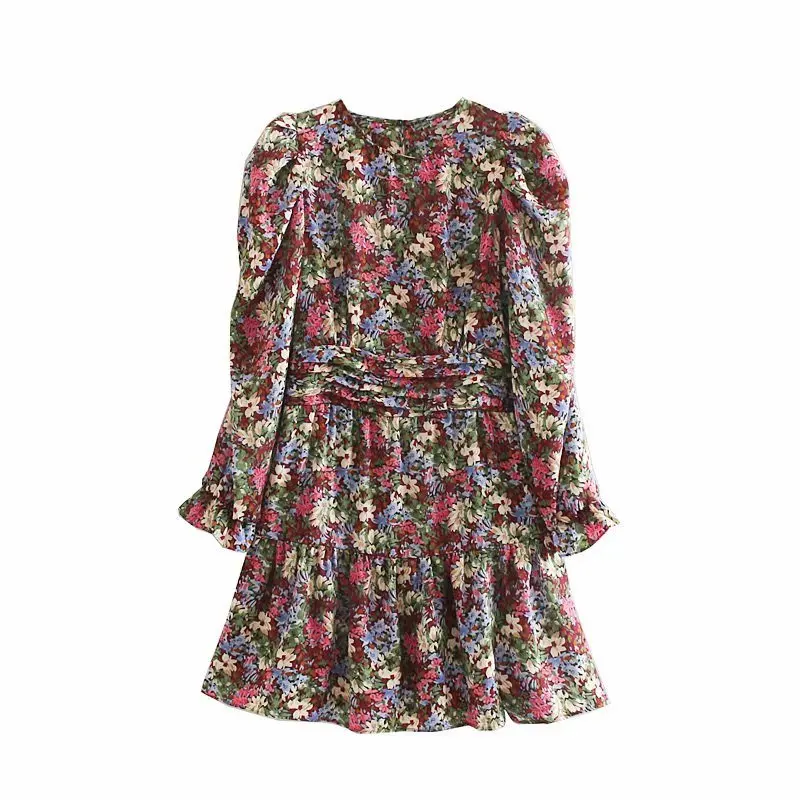 Fashion Women Prairie Chic Multicolor Floral Print Dress Long Sleeve O Neck A-line Mini Dress Autumn vestido OZZ9369　