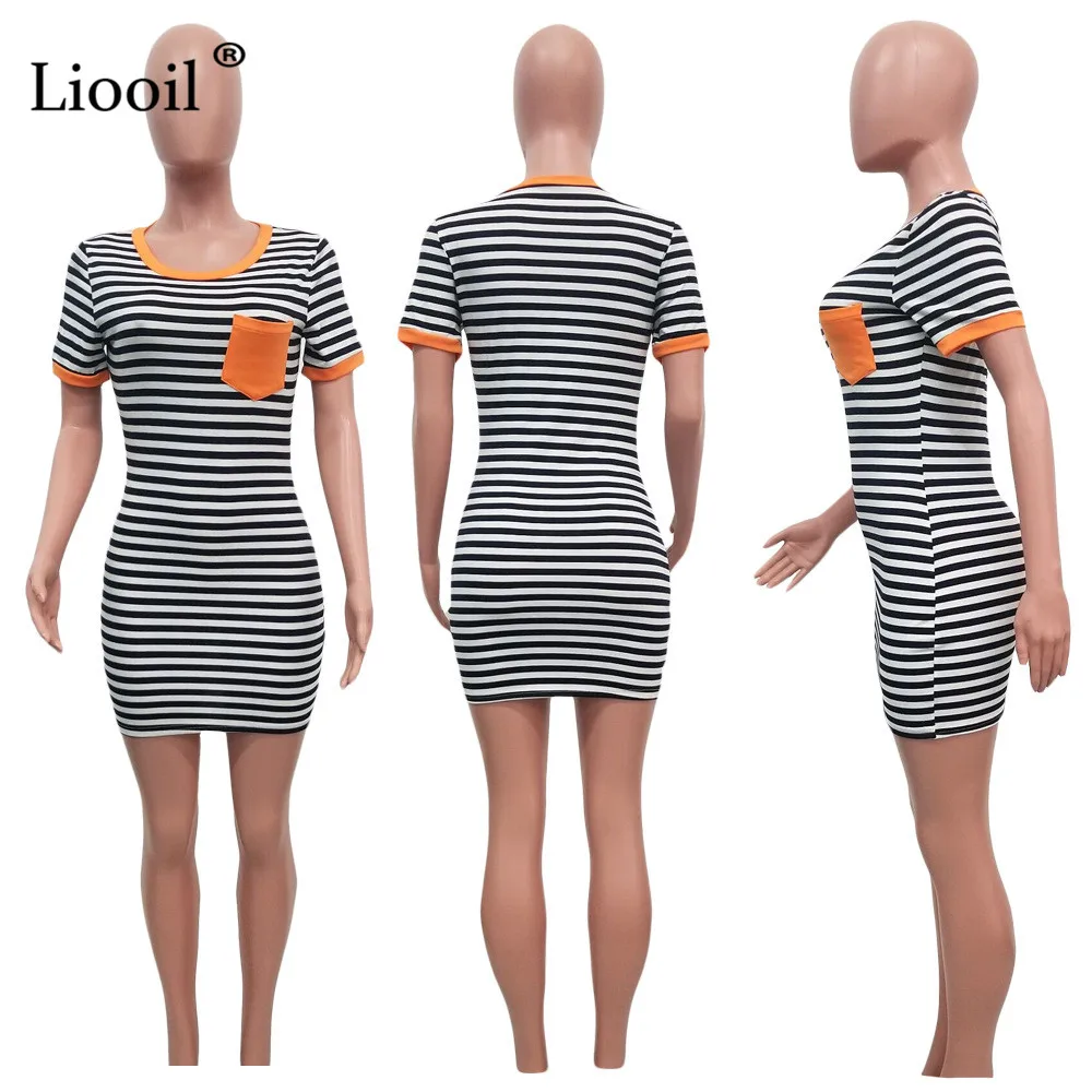 Liooil черно-белое Полосатое мини-платье-рубашка женская сексуальная клубная одежда Мода О-образным вырезом карман Bodycon Вечерние бесшовная плотно прилегающая юбка платья