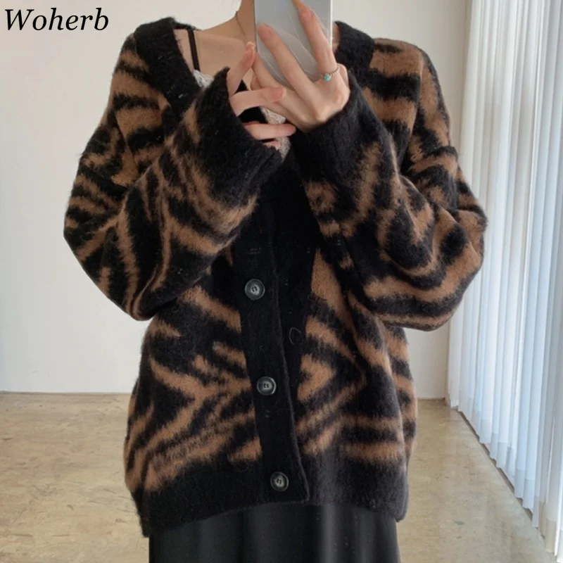 Woherb плотный свитер кардиган женская мода Повседневный с V-образным вырезом