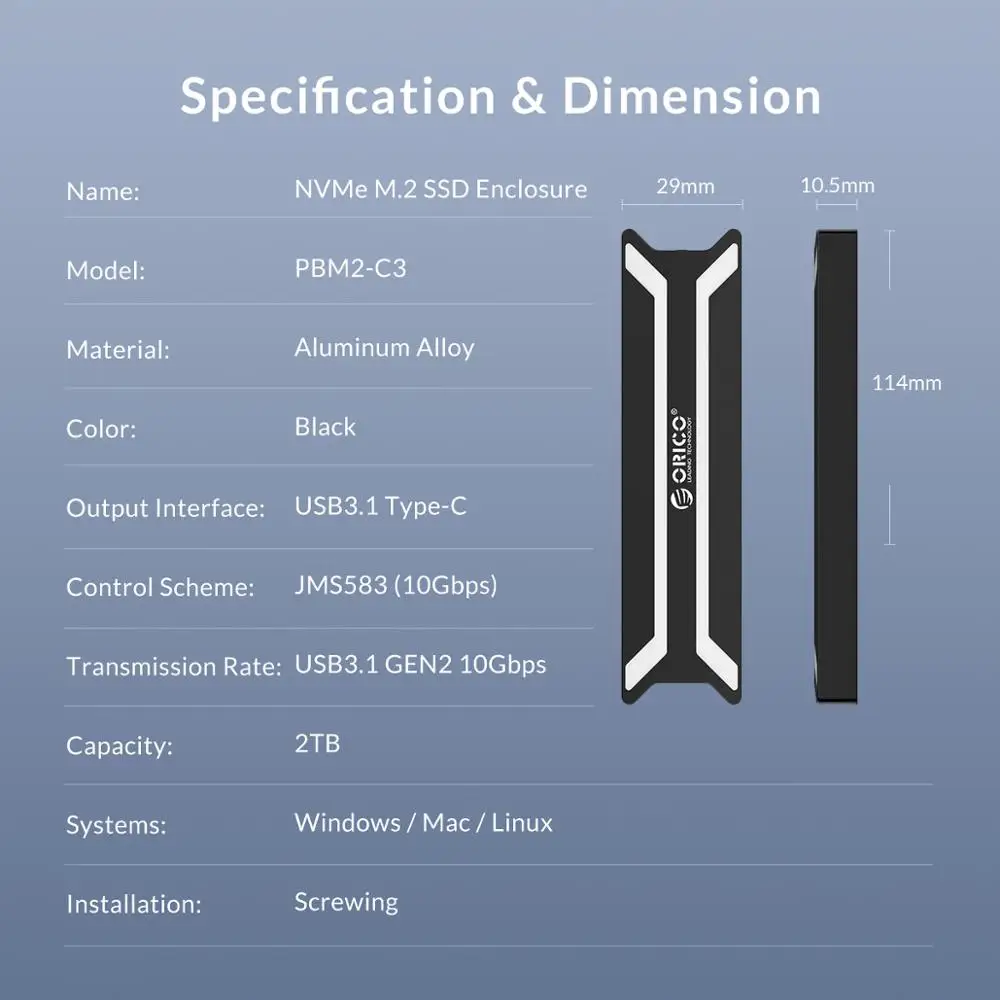 Алюминиевый чехол ORICO M.2 NVME SSD USB C 3 1 10 гбит/с для жесткого диска с поддержкой UASP