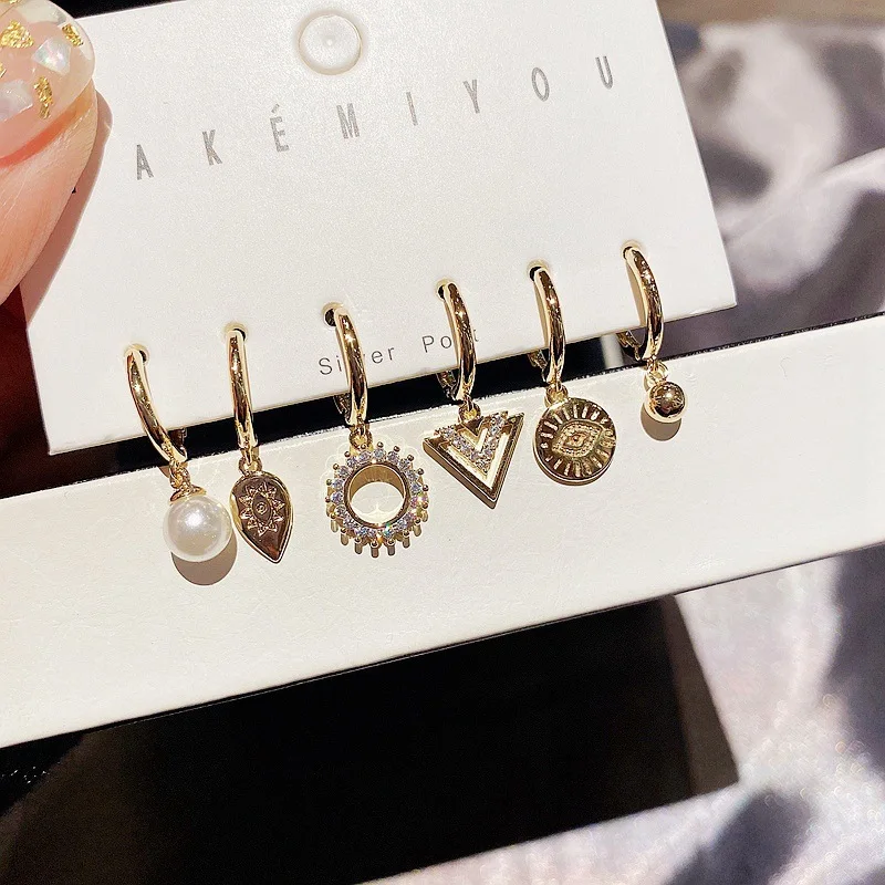 

VENTFILLE 6 Pieces/set 925 Sterling Silver Drop-Shaped Eyes Hoop Earrings Set Zircon Pearl Geometric Earrings for Women