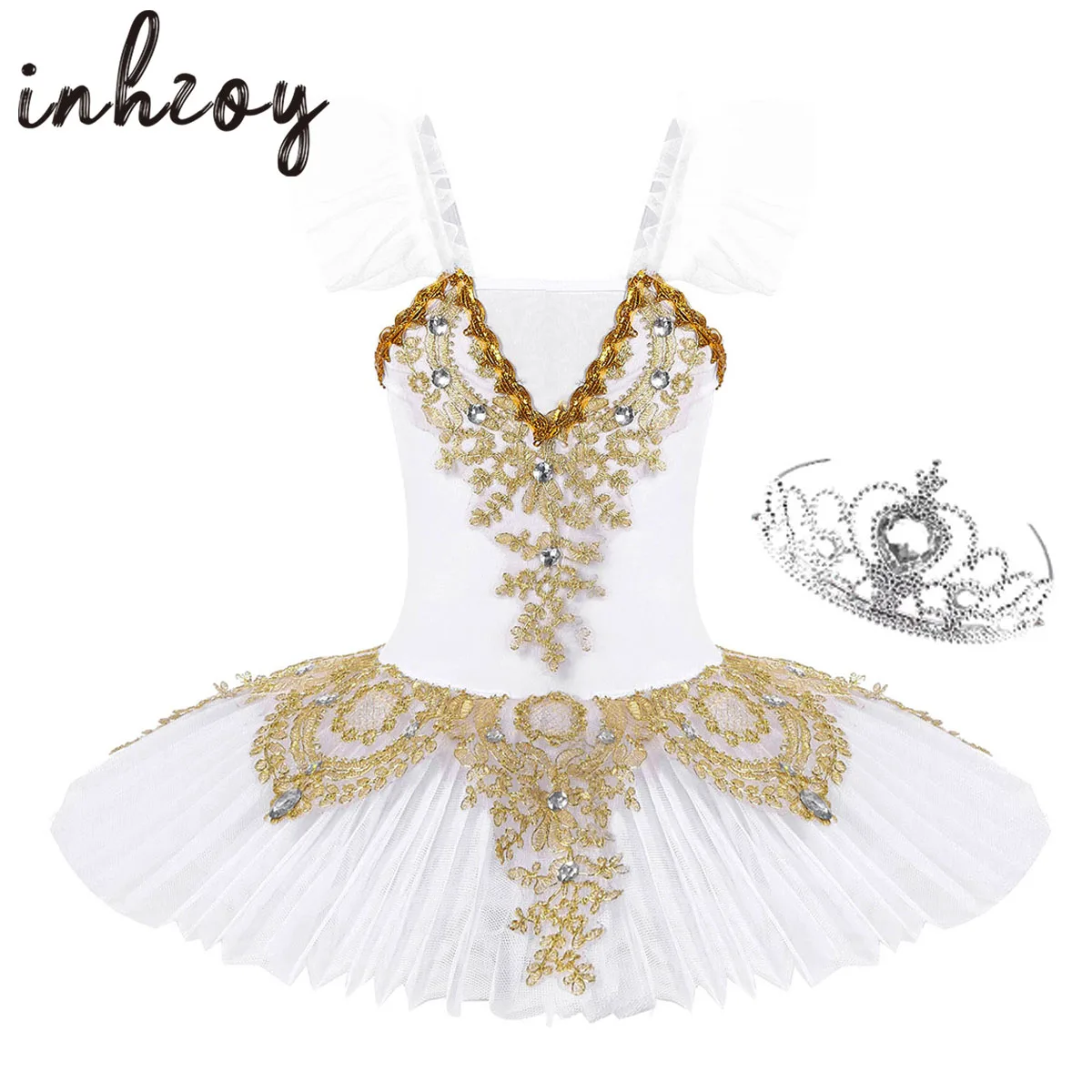 

Kids Girls Sequins Beads Ballet Dance Tutu Dress Leotard Performance Swan Ballerina Costume with Hair Clip Set