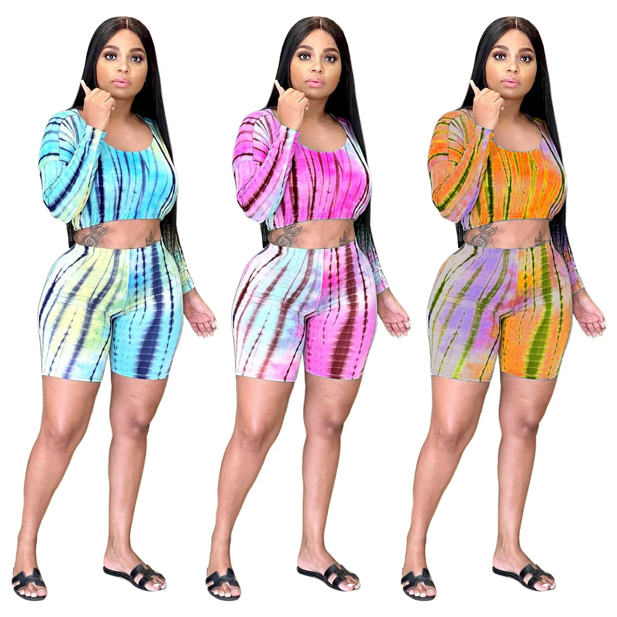 

Echoine Woman Tie-dyed 2 Piece Set Woman Square Collar Long Sleeve Short T-Shirt And Skinny Short Pants Fitness Sporty Outfits