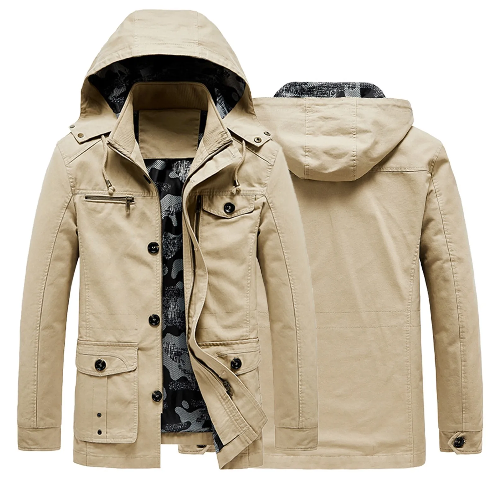 

Men's Autumn Winter Camouflage Lining Coat Solid Color Buttons Loose Casual Hooded Detachable Large Size Coat Pockets