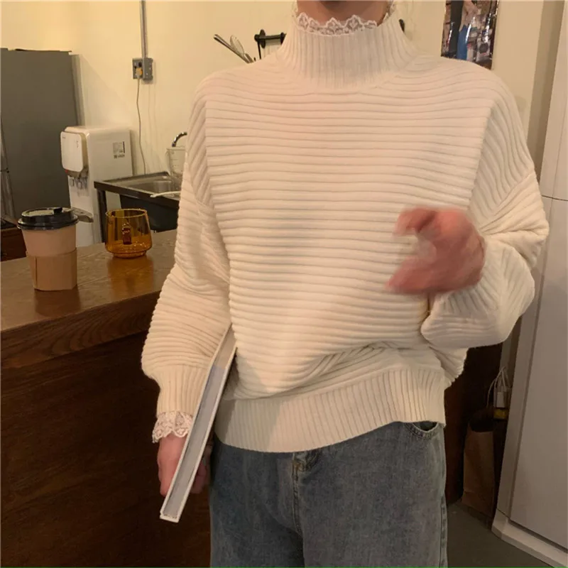 

lace-up ruffles striped basic winter sweater elegant solid all-match pullovers fashion basic winter knitted sweater 2020 new