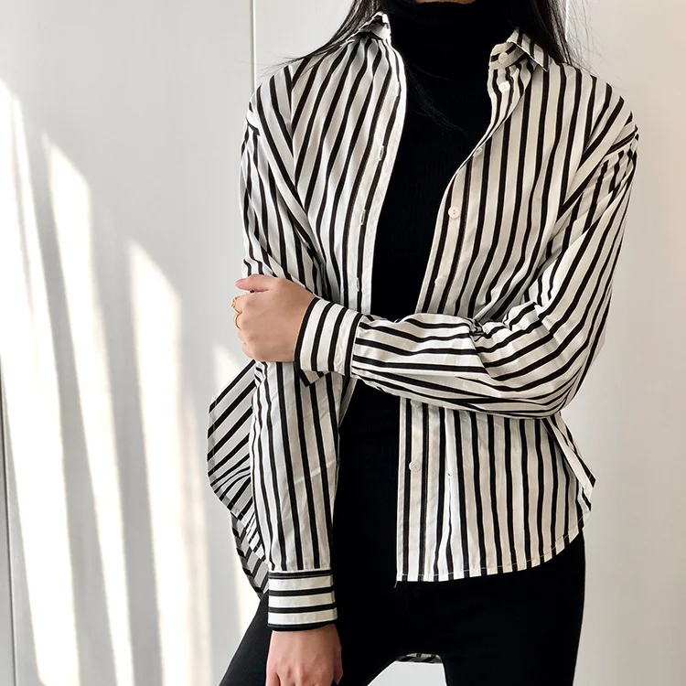 Женская рубашка в черно-белую Вертикальную Полоску хлопковые блузки новинка