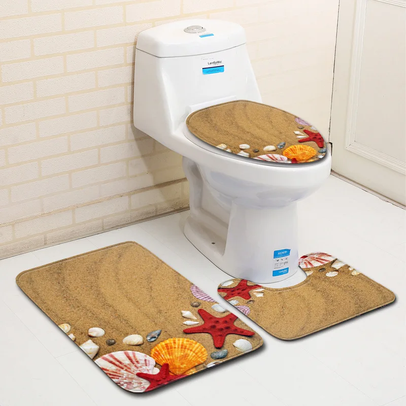 

Beach Style Bathroom Carpet Rug Home Bath Mat Anti-slip Toilet Mat Set Waterproof U-Shaped Toilet Rug Absorbent Foot Rug Set