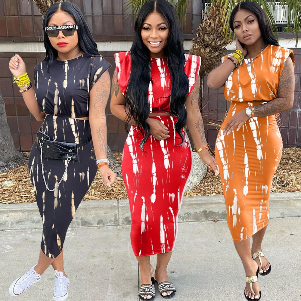 

Summer Two Piece Set Women Fashion Tie Dye Printing Sleeveless Top Long Skirt Suit Sexy Two Piece Set