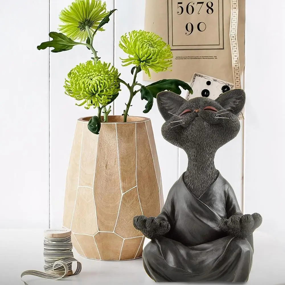 

New Black Buddha Cat Figurine Meditation Yoga Collectible Happy Garden Art Statues Sculptures Cat Decor Home Decor E4B4
