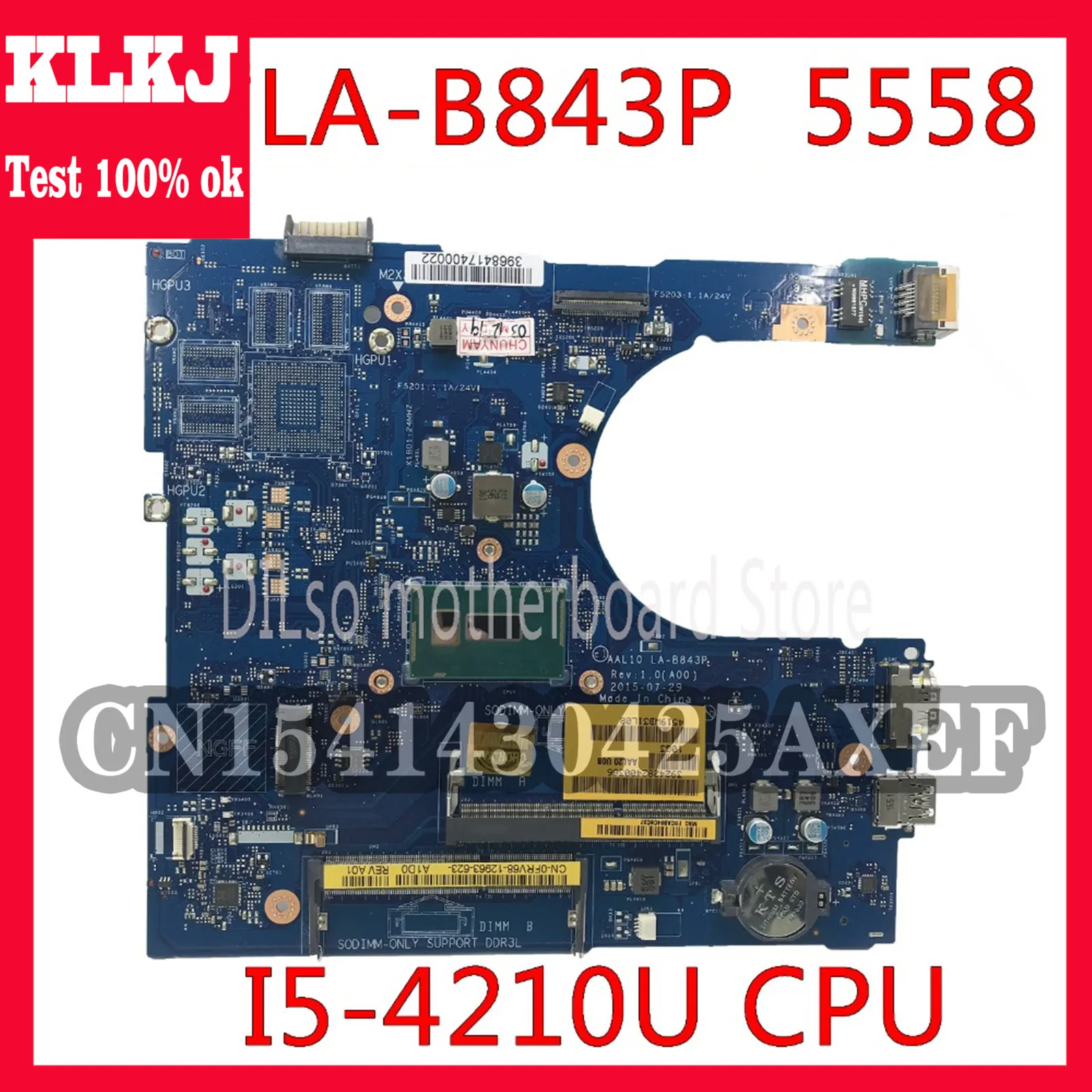 

KLKJ LA-B843P для DELL CN-0FRV68 FRV68 5458 5558 5758 ноутбука, материнская плата CN-0FRV68 GM REV: 1,0 Work 100%