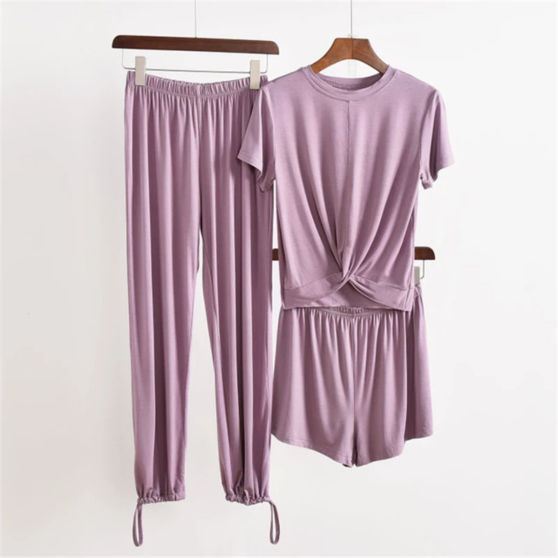 

Pajama pants wide-leg shorts 3PC summer casual suit female outer wear thin modal short-sleeved sexy pajamas fashion nuisette
