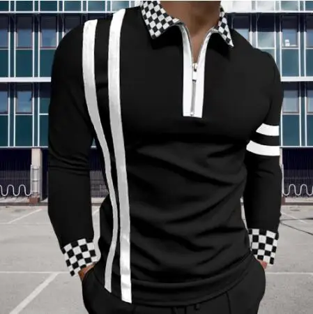 

Fashion Patchwork Striped Men's Polo Shirt Male Long Sleeve Turn-down Collar Zipper Design Tops Autumn Vintage Casual Polo Shirt