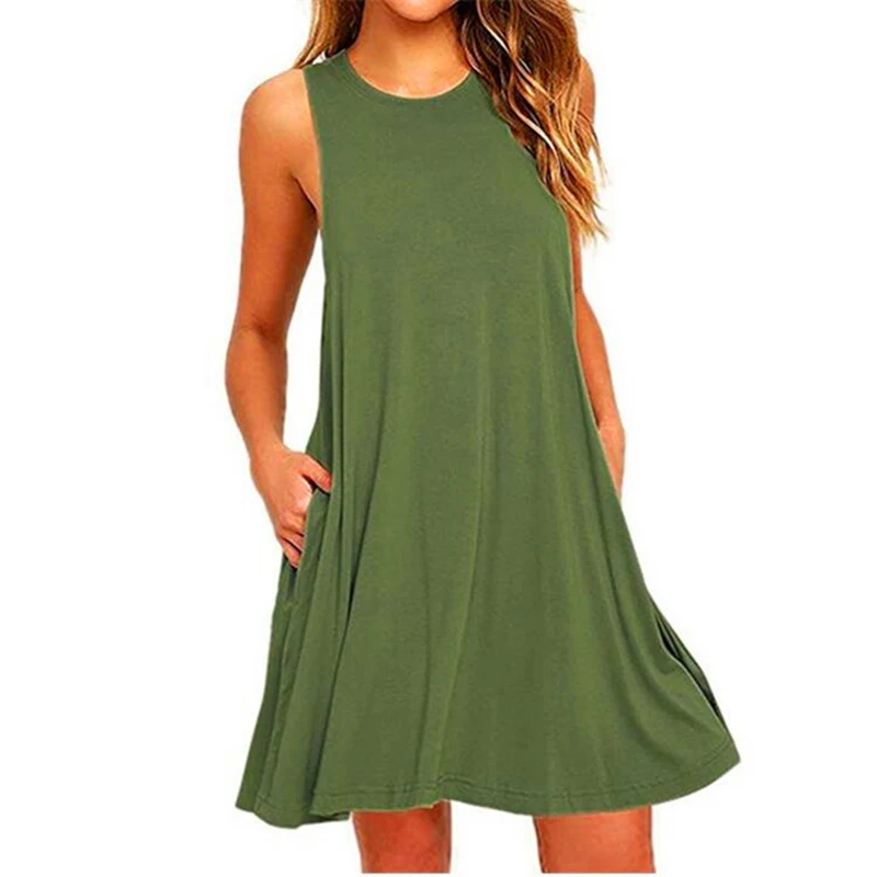 

New Fashion Mini Dress Women Casual Loose Dress O-neck Short Sleeves Solid Summer Women Pocket Dress Sleeveless Polyester