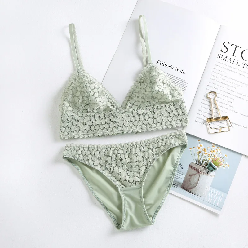 

French Ultra Thin Bra Suit Triangle Bralette Sexy Lace Rimless Underwear with Briefs Women Lingerie Bra And Panty Set