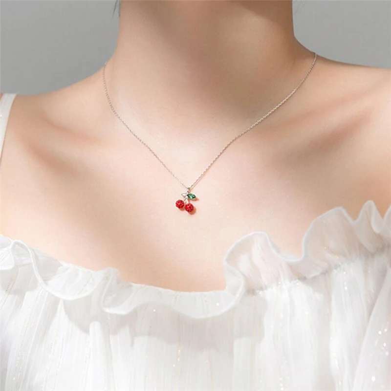 Женские цепочки до ключицы красные стразы из серебра 925 пробы с листьями вишни и