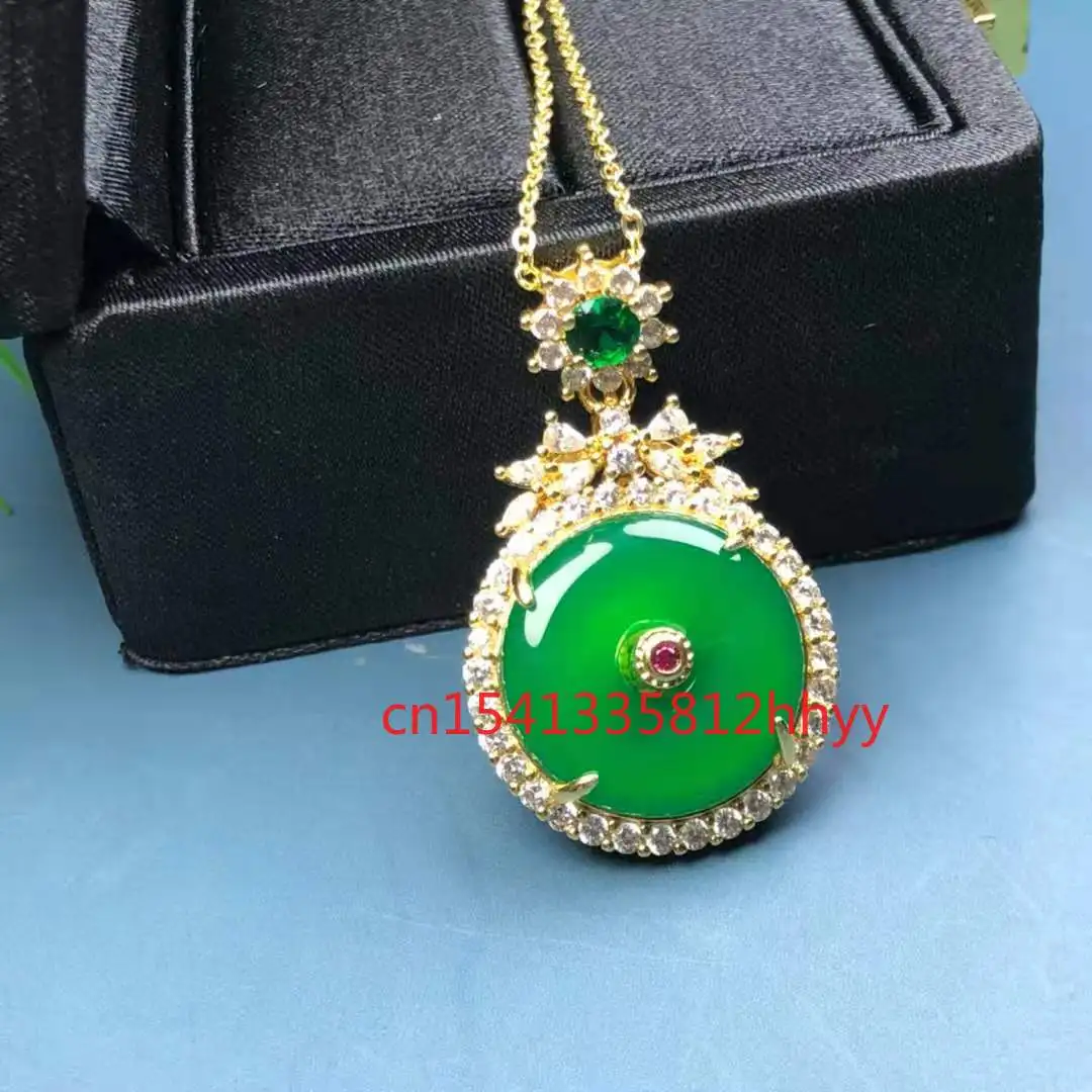 925 Silver Inlaid Green Chalcedony Ping An Buckle Pendant Charm Jewellery Hand-Carved Pendant for Women Men Fashion Accessories