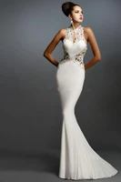 mermaid white prom dresses halter sleeveless applique elegant evening gowns hole back formal long prom dress latest design