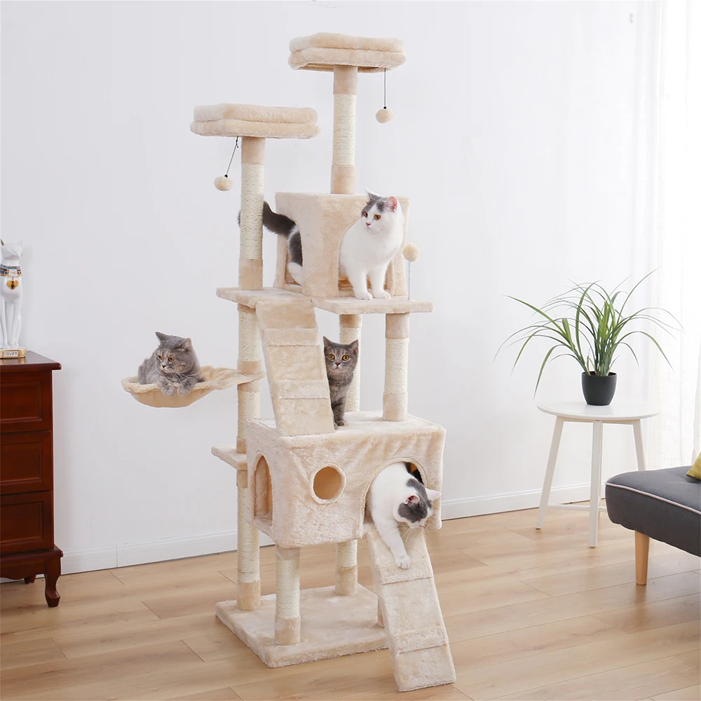 

176 см кошачье дерево с 2 кондонами и 2 перьями котенок альпинистская башня мебель Модернизированная версия игрушки для домашних животных беж...