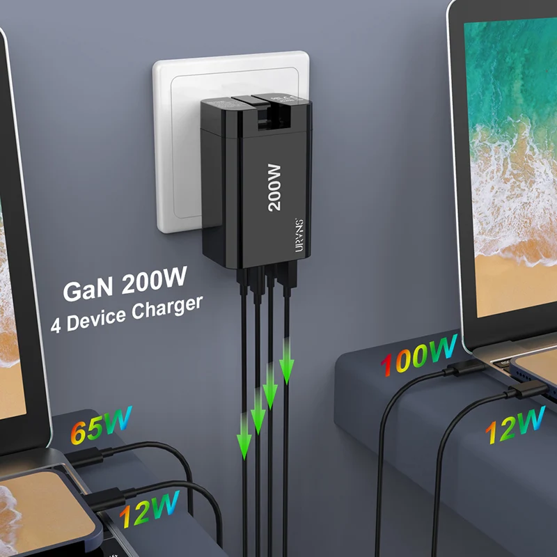 Сетевое зарядное устройство URVNS 200 Вт GaN USB C с 4 портами PD 100 PPS 45 QC4 SCP для ноутбуков